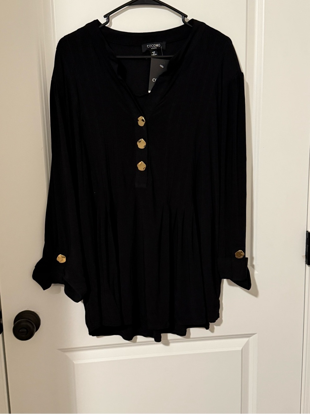 NWT Cocomo Black V-Neck Tunic with Gold Buttons